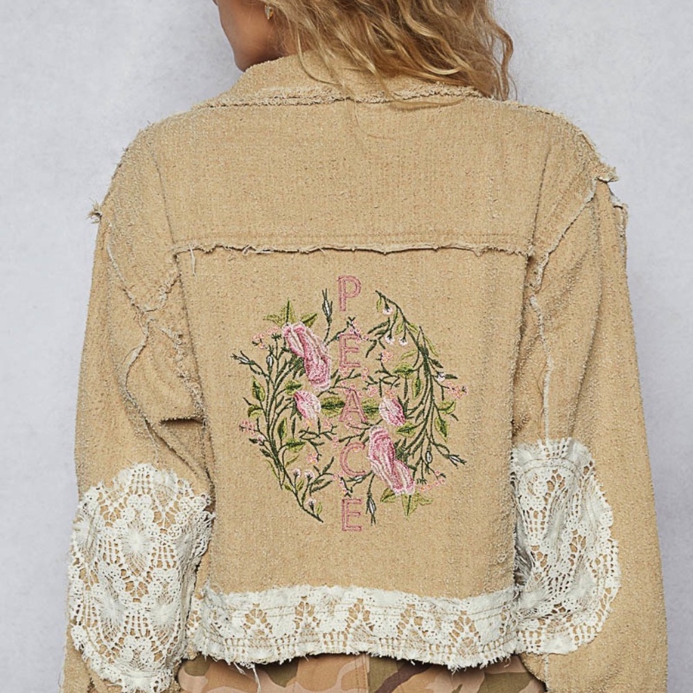 New POL Clothing Twill Jacket Shacket Embroidered Peace Floral Lace Button Tan - Picture 3 of 10